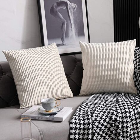Housses de Coussin de Canapé Blanc Ivoire: 2 Pack 40cmx40cm Housse de Coussin Carré en Velours Rayé Original pour Décoration de Chambre à Coucher (1/5)