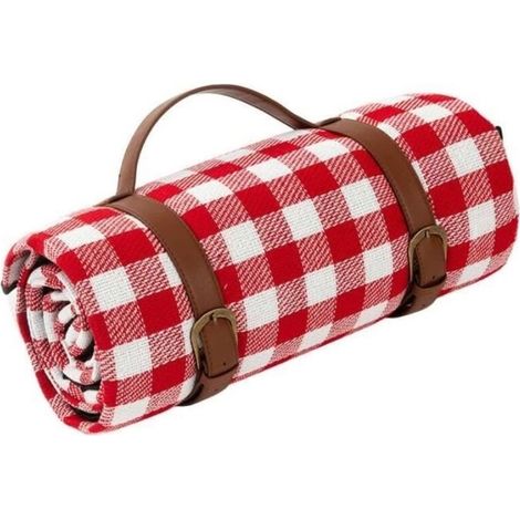 Beach Mat, for Outdoor Camping, Moisture Resistant, with Leather Storage Straps, 150x200cm, Red and White Plaid (1/4)