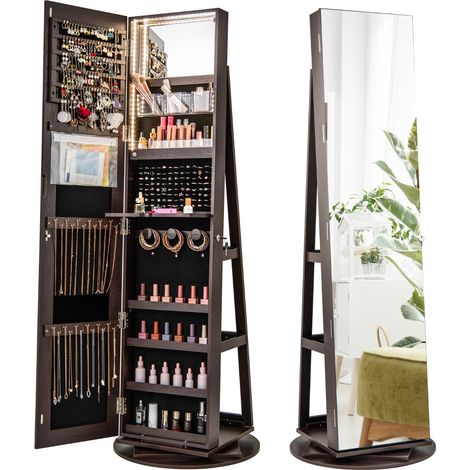 Armadio portagioielli girevole con specchio a figura intera luci LED, Organizer da terra di gioielli Caffè (1/4)