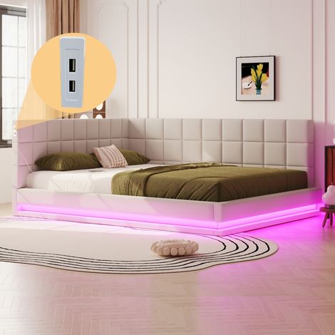 Canapé - lit 160 x 200 cm avec bandeau LED, prise USB et matelas en velours beige. (1/5)