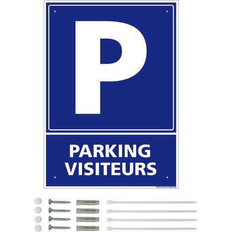 Panneau de signalisation prépercé PVC ou ALU rectangulaire + kit de fixation - Parking visiteurs - PVC 1 mm - 150 x 210 mm