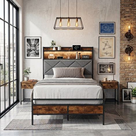 Lit Simple 90x200 cm avec Tête de Lit Rangement LED et Port USB, Cadre de Lit Métal et Bois Noyer, Style Industriel