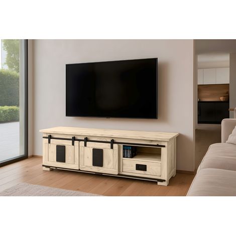 Lowboard Kommode TV-Board mit Schiebetüren, Schubfach & 3 Fächern Akazie massiv eiche 160 x 45 x 50 cm LIBRO (1/5)