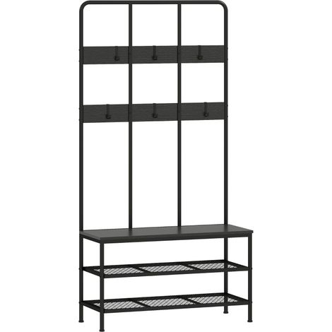Portemanteau d’entrée 3-en-1 avec banc, range-chaussures à 2 niveaux et 6 crochets, structure métal et panneau de particules noir, pour entrée pratique  CHICFURN (1/5)