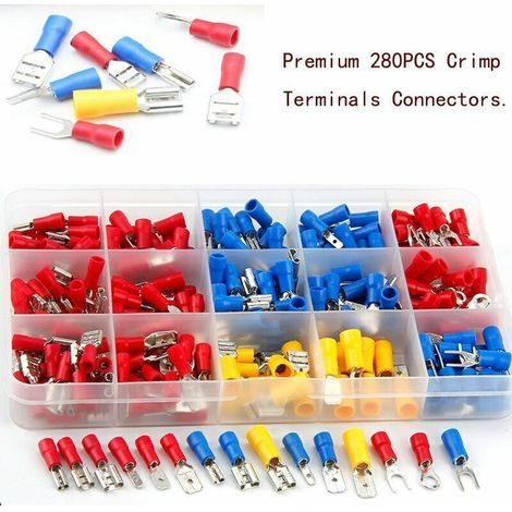 RTGPT, 280-teiliges Kabelschuh-Set für Elektriker. Diese Crimp-Kabelschuhe sind isoliert und in verschiedenen Ausführungen erhältlich: Rundstecker, Flachstecker, Buchsenstecker und Gabelstecker. (1/3)