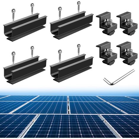 Kit de Fixations en Aluminium pour Panneaux Solaires  4 Rails Courts de 120mm, 4 Pinces d'Extrémité en Z, pour 30/35mm Panneaux Solaires Montés sur le Toit, Noir (1/5)
