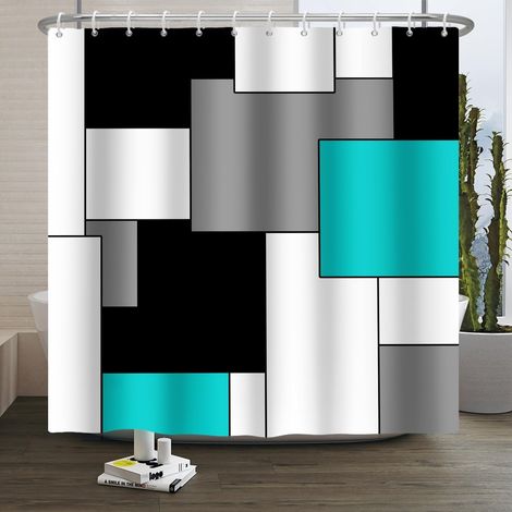 Rideau de Douche géométrique Rideau de Douche Bleu et Noir Art Abstrait Moderne Rayures carrées colorées Rideaux de Douche lavables pour la décoration de la Salle de Bain 150x200cm (1/5)