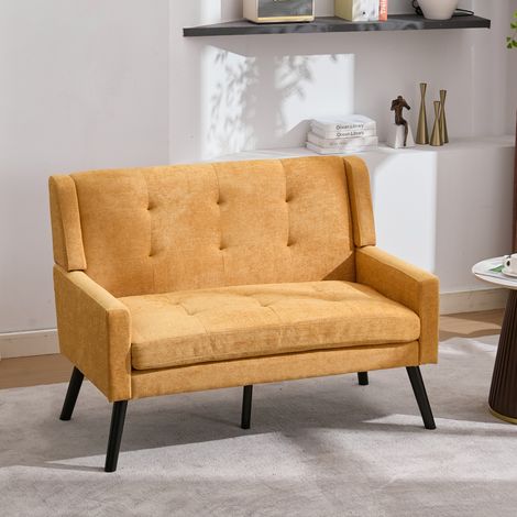 Banc 2 places en lin jaune, coussins en mousse haute densité, pieds bois DESVIAE (1/5)
