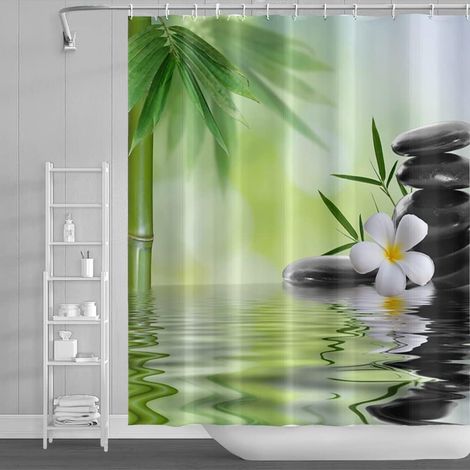 180x243cm Eau Spa Rideau de Douche Vert Bambou Feuilles Orchidée Fleur Rideau de Bain Zen Méditation Basalte Pierres Floral Rideau de Baignoire pour Salle Bains Polyester avec Crochets (1/5)