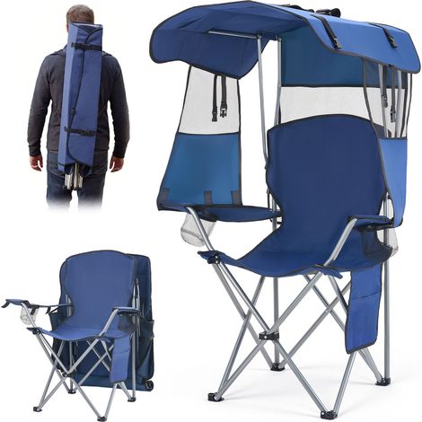 Mophorn Silla de camping plegable con sombrilla, capacidad de 150 kg, silla portátil con toldo, tela Oxford, compartimento para revistas, portavasos y bolsillo para actividades como pesca (1/5)