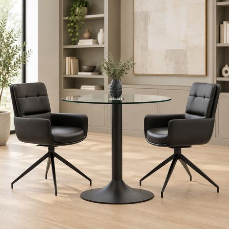Set tavolo da pranzo rotondo Ø 85 cm in vetro temperato con 2 sedie girevoli nere (1/5)