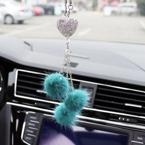 Décoration Rétroviseur - Cœur Strass Pompon Rose - Suspendu Voiture Intérieur - Porte-Bonheur Féminin - 1 Pièce (1/5)