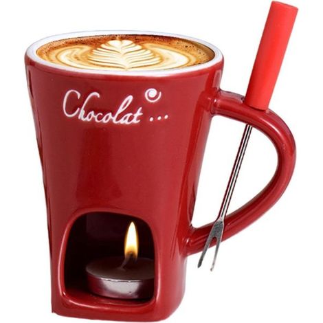 1 tasse à fondue chocolat, céramique 200 ml avec bougie thé + fourchette inox, idéale pour dîners intimes ou apéritifs gourmands