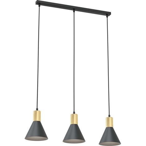 Lampadario 3 Luci Rosa In Acciaio Nero E Paralumi Conici Nero E Oro