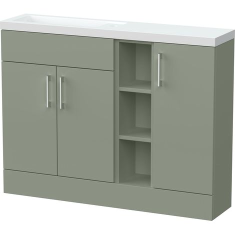 Wichnor Floor Standing Compact 3 Door Combination Vanity Basin Unit with Open Shelves and Polymarble Basin, 1100mm, Fern Green