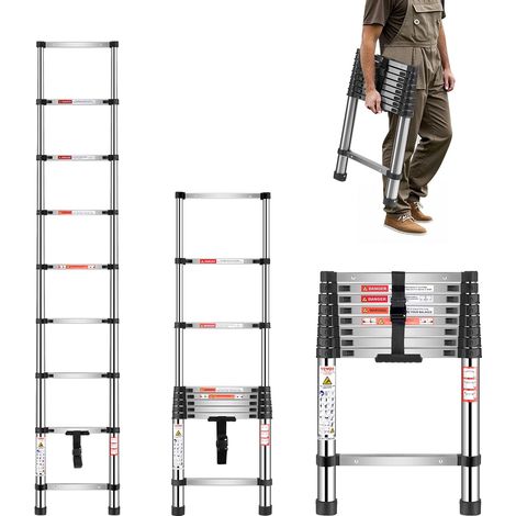 VEVOR Scala Telescopica Portatili a 9 Gradini, Capacita di Carico di 150 kg Scala Estensibile Leggera in Acciaio Inossidabile da 2540 mm Piedini Antiscivolo, per Casa, Camper, Soffitta (1/5)