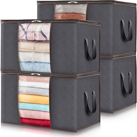 Lot de 4 Sac de Rangement 90L - Tissu Triple Épaisseur - Pliable avec Poignée Renforcée - Pour Couettes Vêtements Jouets - Gris (1/5)