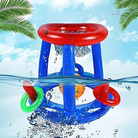 Panier de basket gonflable flottant avec ballon pour piscine, activité récréative pour s'amuser en famille.-AquaForge (1/5)
