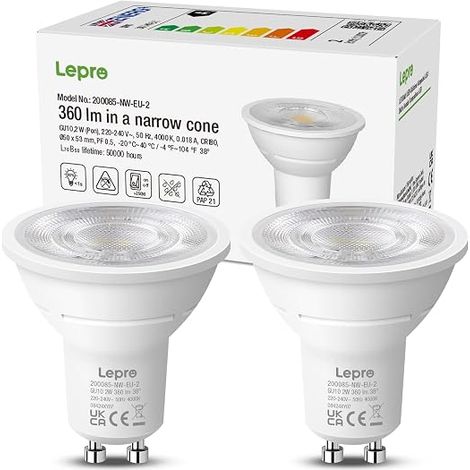 Ampoule LED GU10, 360lm Blanc Naturel 4000K, 2W Équivaut de 50W, Spot 38° Faisceau Pratique, Économie d'Énergie, Non Dimmable, (1/5)