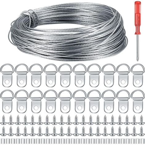 Hanging Wire for Picture Frame, 30 m Steel Picture Hanging Wire  Stainless Steel Wire Picture Hanger, Stainless Steel Cable for Photos, with D Ring Hanging, Crimp Sleeves, Screws (1/5)