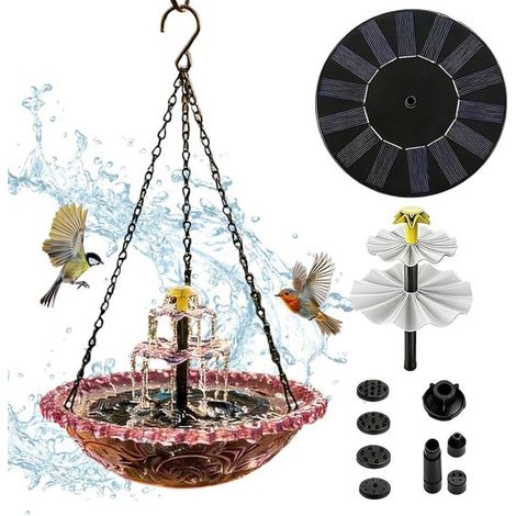 Vasca per uccelli sospesa con fontana solare e mangiatoia con pompa a spruzzo. Vasca per uccelli ad energia solare. Mangiatoia per uccelli sospesa. Decorazione da giardino. (1/5)