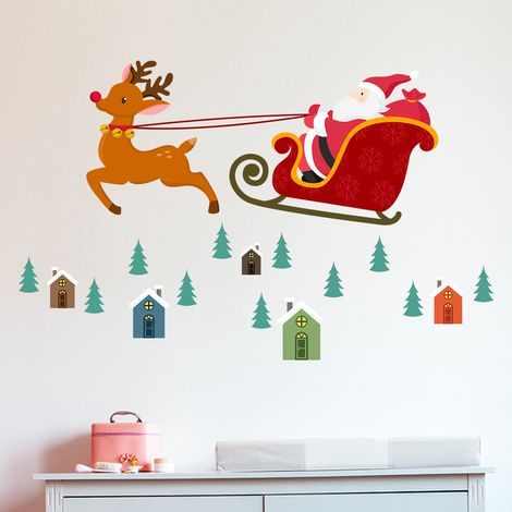 Sticker Noël le Père Noël en plein vol - Autocollants stickers adhésifs noël - décoration fêtes - 60x95cm (1/5)