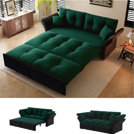 Canapé convertible 190x85x91 cm en velours vert, 3-en-1 avec couchage, gain de place – MEUBLIV (1/5)