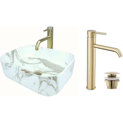 GTM Design Aufsatzwaschbecken 40 cm Glanz Set mit Waschtischbatterie und Stopfen - Aufsatzwaschbecken Oval für Badezimmer - Modernes Waschbecken ohne Hahnloch - Waschbecken mit Armature (1/5)