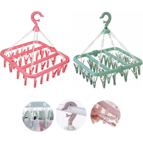 Chaussette, 2PCS Étendoir à Linge à Suspendre Clips Séchoir Portable Étendoir Plastique avec 32 Clips pour Chaussettes sous-vêtements Vêtements Serviettes(Rose,Vert) (1/5)