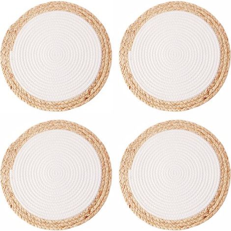 Ensemble de 4 sets de table ronds en paille tressée, style rustique, 30 cm de diamètre, pour la cuisine et la salle à manger. (1/5)