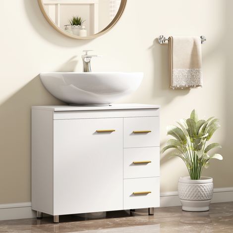 Blanc - Meuble salle de bain 3 tiroirs et étagères, fermeture douce et découpe U, pour lavabo avec ou sans piédestal, 70x30x65 cm