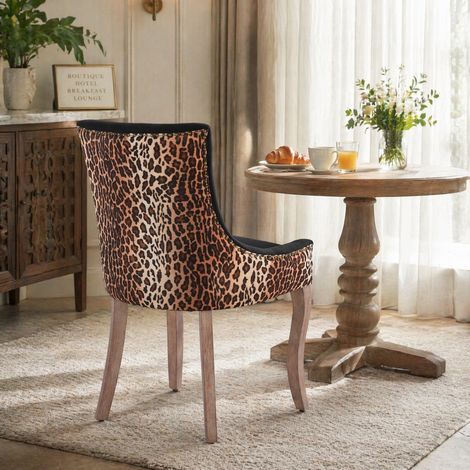 Silla 61x55x92,5 cm de madera, chenilla de leopardo, patas ajustables FloraGrace (1/5)