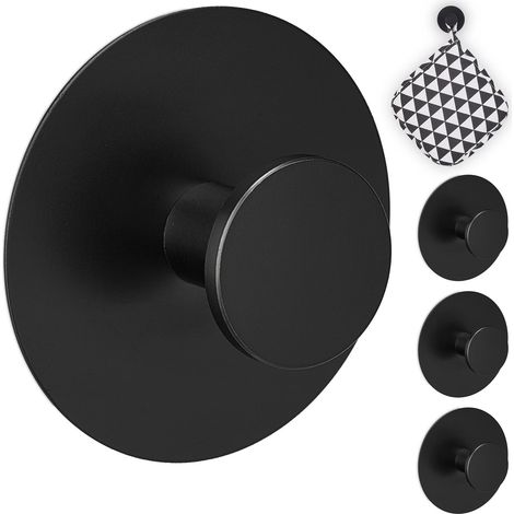 Patère de Porte autocollante, Set de 4, en Acier Inoxydable, Ø 5,5 cm, Crochet Mural sans perçage, Noir (1/5)