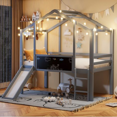 Letto a castello con scivolo e lavagna in legno 90x200 OKMYHOME (1/5)
