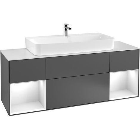 Finion, Muebles de baño, 1600 x 603 x 501 mm, Angular, con estantería (iluminada), modelo suspendido, En madera, lavabo en el medio, iluminación LED, 2x LED / 2.3W, 2700 K a 6480 K, Lacado Blanco Bril