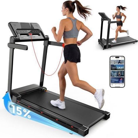 Klappbares Laufband, automatische Steigung 15%, Geschwindigkeit 1-12 km/h, Motor 3.0HP, Bluetooth-Anwendung, Herzfrequenzanzeige (1/5)