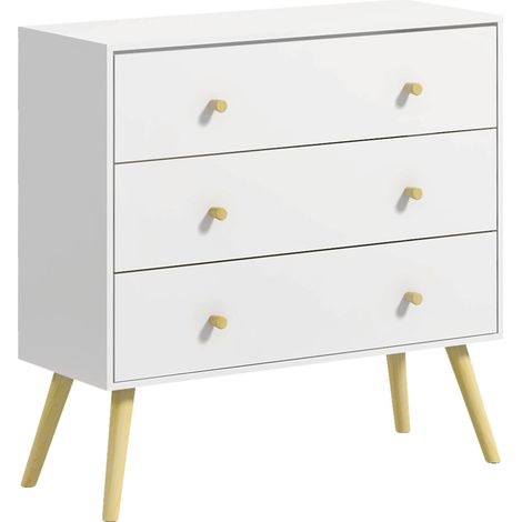 Kommode mit drei Schubladen, skandinavisches Design, schräg zulaufende Beine, Kiefernholz, weiße Fronten, 80 x 30 x 80 cm, weiß