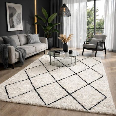 Shaggy Tapis de Salon élégant à Poils Longs Doux et Facile d'entretien Crème/Noir 80 x 150 cm (1/5)