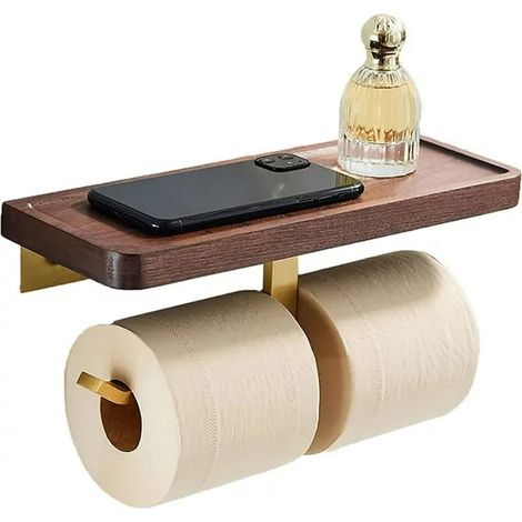 Porte-papier toilette double avec étagère, porte-papier toilette avec étagère de rangement en bois rustique, fixation murale sans perçage ni vis, porte-rouleau de papier toilette double pour salle de (1/5)