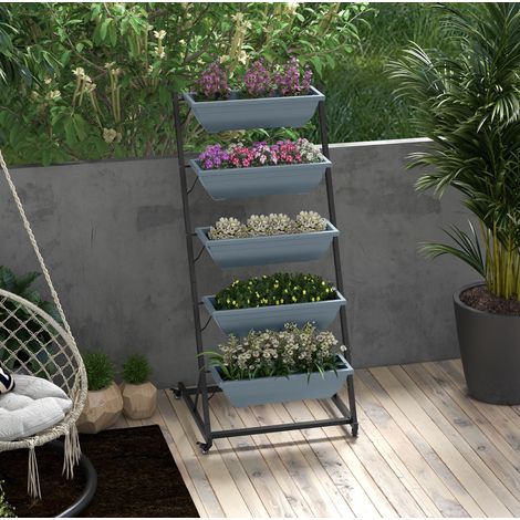 Scaffale portapiante in acciaio grigio con 4 livelli e vasi con drenaggio, 65 x 67 x 145 cm (1/4)