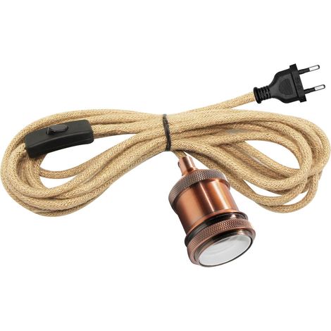 Lustre Corde de Chanvre avec Prise, 500CM Douille E27 Cable Corde, Suspension Luminaire Vintage avec Prise, Lampe Suspendue avec Interrupteur, Convient pour Intérieur DIY Abat Jour, Or Rose (1/5)