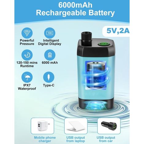 Ducha portátil para camping al aire libre,Ducha portátil con batería de 6000 mAh,3 niveles de presión de agua,Color azul,Bomba recargable (1/4)