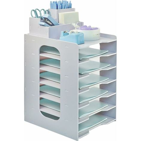 Bac À Courrier Empilable - Bois Plastique Composite - Pour Documents A4 - 7 Niveaux - Blanc (1/5)