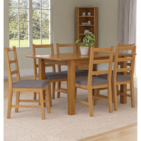 Hallowood Furniture Camberley Oak Extendable Dining Table and Chairs Set 6, Rectangular Butterfly Table and Chairs in Ladder Back Design and Light Grey Fabric Seats, Ideal for Home and Café (1/5)