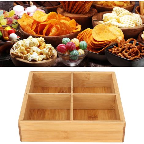 Boîte de rangement pour fruits secs et en-cas, sans peinture ni cire, compartiments sains et séparés pour plats chauds et légumes, en bambou avec 4 compartiments. (1/5)