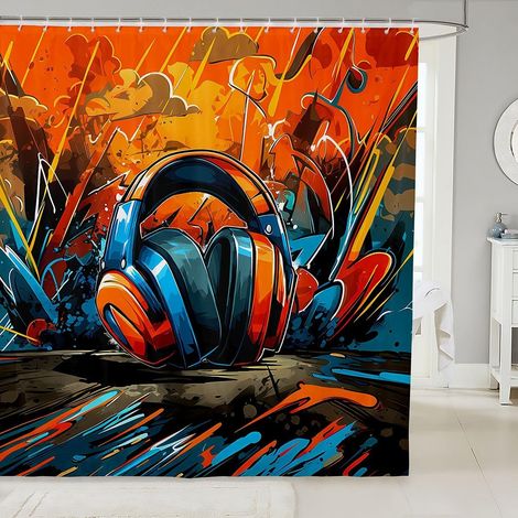 Rideau Douche 180x210cm Casque de Jeu Rideaux de Douche Gamer Graffiti Rideau de Baignoire Style Doodle Rideaux Salle de Bain Casque de Jeu - 180L X 210H cm (1 Panneaux) (1/5)