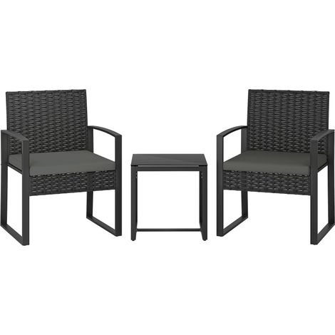 Set bistrot da giardino 3 pezzi in polyrattan grigio scuro con cuscini e tavolino in vetro temperato (1/3)