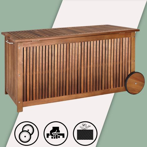 CASARIA® 350L Wooden Garden Storage Chest With Wheels & Handle  Weatherproof Inner Tarpaulin  120x55x60cm Oiled Acacia Wood  Patio Balcony Cushion Log Parcel Store Box  Brown