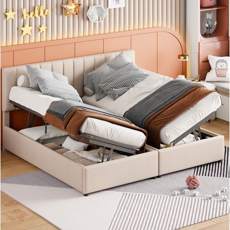 DESVIAE Lit rembourré 180 x 200 cm avec rangement hydraulique convertible en 2 lits 90 x 200 beige en tissu effet lin avec tête de lit réglable sommier à lattes inclus (1/5)