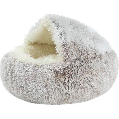 Round Dog Cat Bed - Light Coffee 40cm, Soft Warm Round Plush Fabric Pet Bed, Extra Soft Thick Mattress, Comfortable Deep Mattress for Autumn Winter